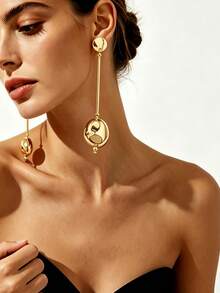 1 Pair Luxury Minimalist Vacation Style Gold-Plated Thin Stem Long Dangle Asymmetrical Water Drop Metal Pendant Earrings, Women's Daily Versatile Date Beach Elegant Jewelry - Yellow Gold - View 4