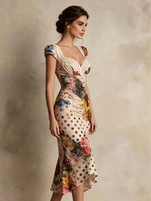 ELYRADIA Robe d'été élégante à imprimé floral et pois - Beige - Voir 2
