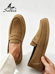 Salkin 經典設計師男士莫卡辛素色麂皮套腳便士樂福鞋，柔軟皮革紳士商務社交鞋，男士休閒鞋，適用於日常辦公、派對、情侶約會、浪漫晚餐、返校學生鞋，校園風，請選擇大一號 - 卡其色 - 查看 7