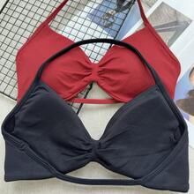 2 piezas Sujetador deportivo popular para mujer con tirantes finos, espalda descubierta y cuello halter, sujetador de yoga fruncido con relleno extraíble para otoño - Multicolor - Ver 5