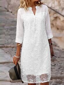 Vestido de fiesta bohemio elegante de unicolor con apliques bordados y patchwork de malla - Blanco - Ver 2
