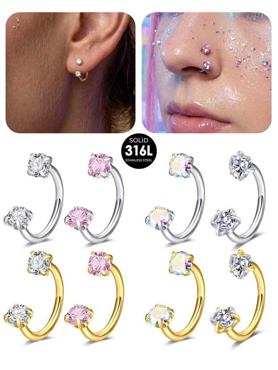 CIZME 18G Double Gemstone Pink Heart Horseshoe Nose Ring, Suitable For Women's Nose Ring, Septum Ring, Earring, Etc. - Horseshoe Nose Rings - View 1
