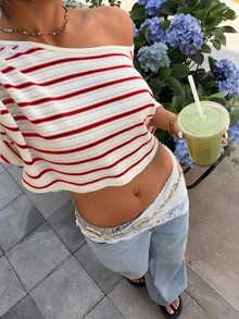 Camiseta Casual Corta de Mujer  con Rayas, Hombro Asimétrico y Manga Murciélago, para Playa, Vacaciones, Verano - Azul Marino - Ver 19