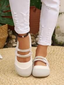Zapatos Mary Jane para mujer con doble correa de gancho y bucle, suela blanda, costuras minimalistas, unicolor, punta redonda, caña baja, tacón plano, estilo casual dulce, para uso diario/compras/todas las estaciones, beige, forro de PU/tela - Beis - View 4