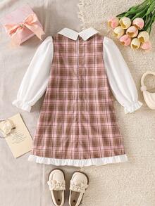 Gaun Anak Perempuan Motif Kotak-kotak Merah Muda & Cokelat 2 in 1, Gaun Gaya Preppy dengan Kerah dan Pita Hitam - MultiWarna - View 4