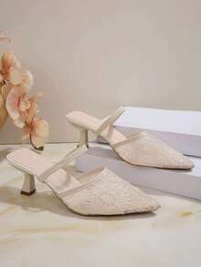 Sandalias elegantes de malla con lazo, sin espalda, versátiles, de punta fina, tacón bajo y correa trasera para niña - Blanco - Ver 3
