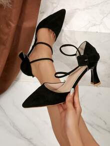 2026 Summer New Pointed Toe Lace-Up High Heels For Girl, Elegant Suede Stiletto Pumps, Versatile Hollow Sandals, Comfortable Soft Sole Non-Slip Commuter Shoes, Fashionable Party High Heels, Light Luxury Style Date Suede Shoes, Elegant Pointed Toe Buckle Girl's Shoes, Minimalist Versatile Style, 8cm High Heel Leg-Lengthening, Multiple Colors Available, Suitable For Daily Commute, Date And Party - Black - View 2