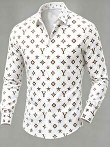 Men's Fashion All-Over Print Long Sleeve Shirt, Suitable For Casual Parties And Daily Wear - White - View 3