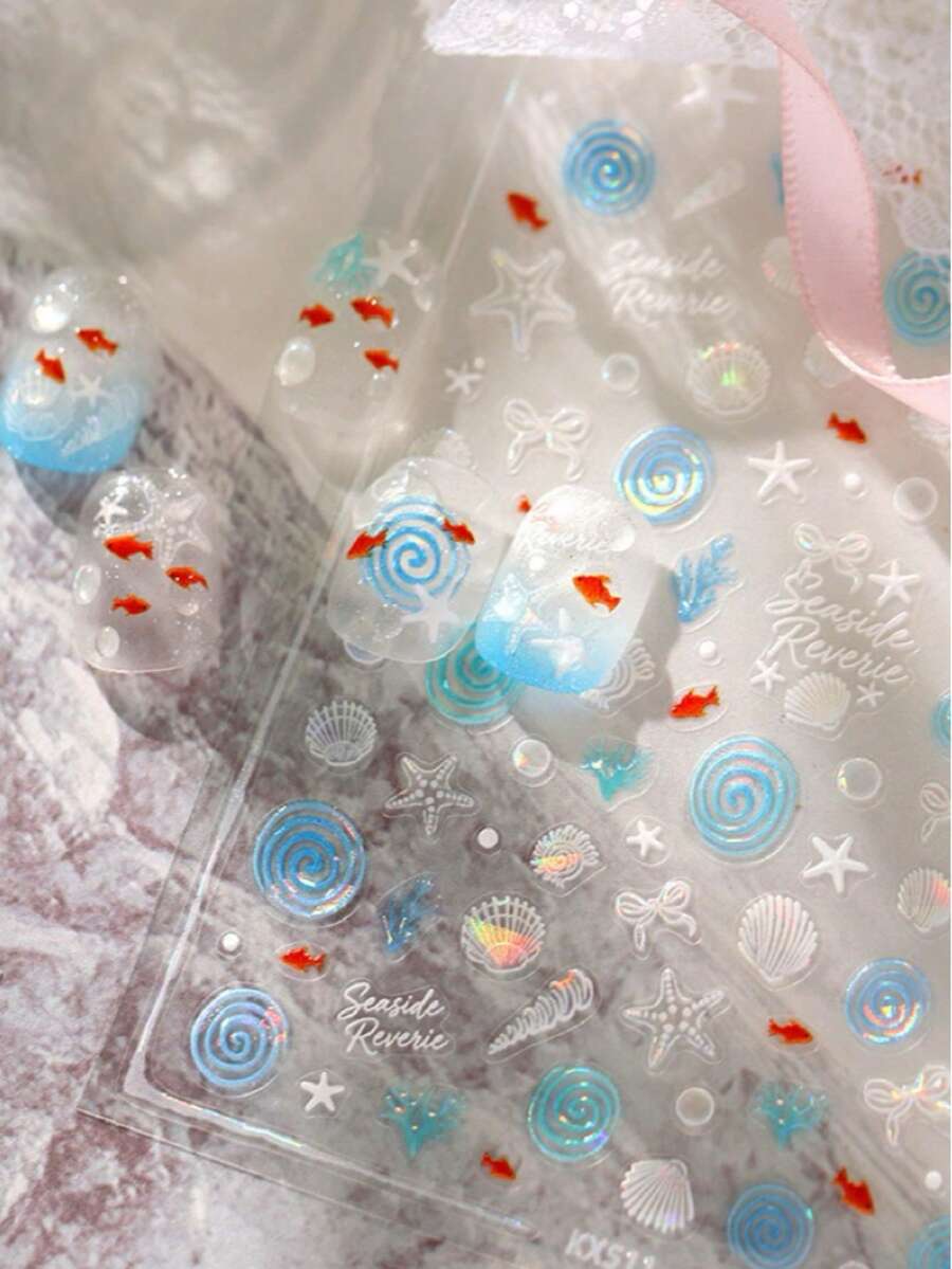 5D 浮雕金魚海洋美甲貼紙，全息藍色波浪貝殼海星自黏式美甲貼花，夏季海灘度假多巴胺風 DIY 美甲裝飾，適用於夏季居家沙龍美甲與穿戴甲配件，1 張