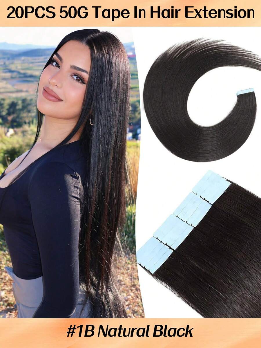Jessie's Selection 20pcs/Pack 50g Tape In Hair Extensions Skin Weft Remy Silky Straight Seamless Invisible Tape Adhensive 150Grams 100% Human Hair Extensions For Volume Add Length Luxury Quality Affordable Cost Salon Quality (#1B Natural Black) - SNatural - 查看 1