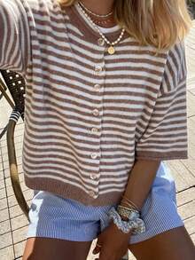 Vivid Style Summer/Autumn Basic Brown Striped Button-Up Cardigan, Old Money Style Short Five-Sleeve Knit Top, Back To School Outfit Inspiration Fall - Khaki - View 7