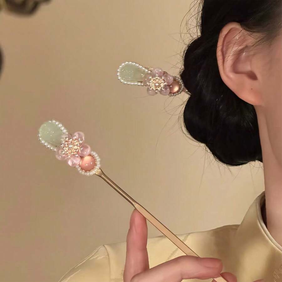 1件波希米亞風鋅合金粉色花朵流蘇髮簪,女款漢服頭飾,復古髮飾,四季通用髮箍,髮髻延伸飾品 - 彩色 - 查看 1