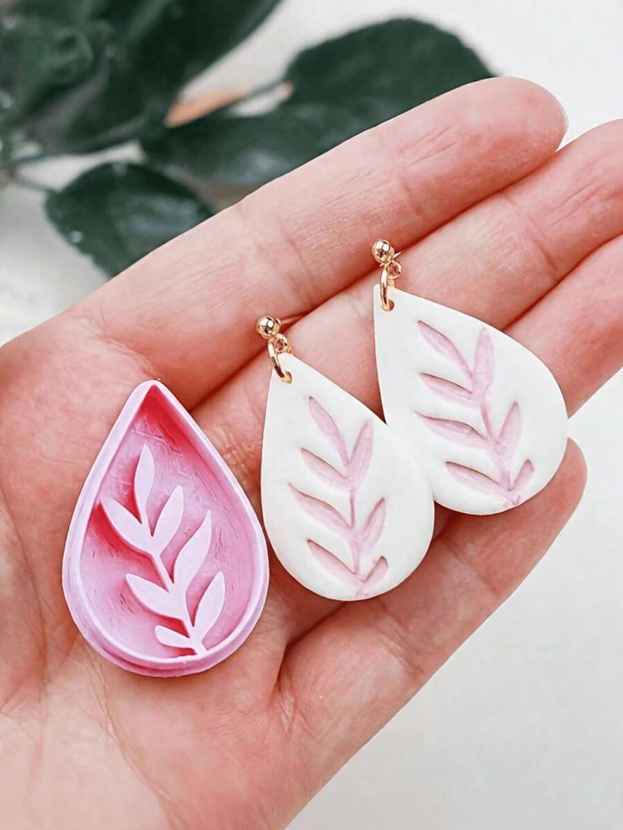 Molde de arcilla polimérica con forma de gota de agua, rama & hoja de flor prensada, molde minimalista para hacer pendientes de gota de agua de planta, suministros de artesanía de joyería hecha a mano de primavera - Blanco - Ver 1