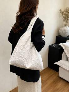 1pc/4pcs Back To School 3D Floral Embossed Canvas Tote Bag, Large Capacity Macaron Color Flower Shoulder Handbag, Student Casual Aesthetic School Bag, Suitable For Library, Classroom, Travel - Multiple Styles - View 8