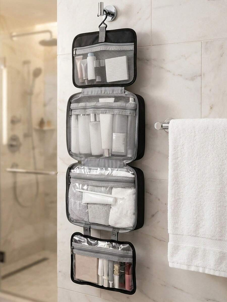 Sleek Toiletry Travel Organizer With Sturdy Hook 4-Fold Cosmetic Bag For Families Wash Pouch For Business Trips And Daily Use, Space Saving