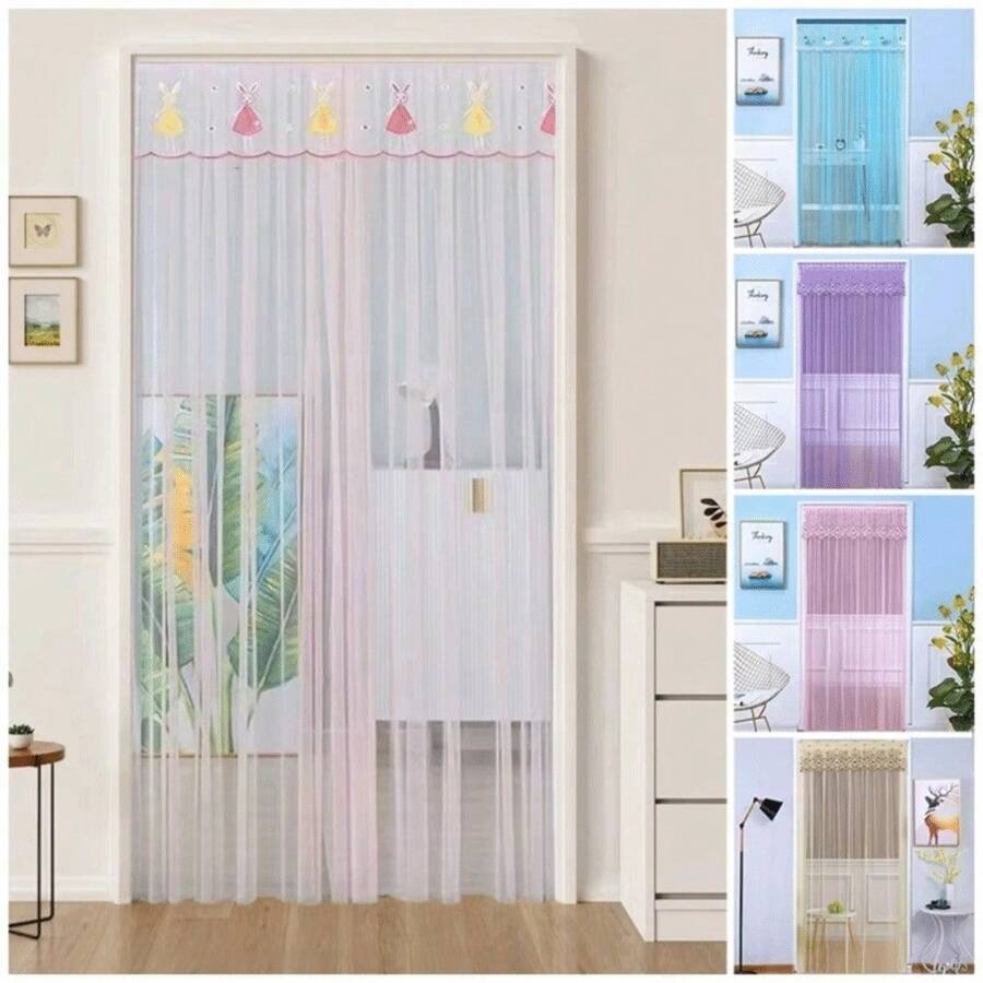 1PC Mosquito Proof Door Curtain, Self-Adhesive No Punching Lace Mesh Door Curtain, Universal Fit Cute Rabbit Ventilation Breathable Door Screen Curtain Summer Season - A - View 1