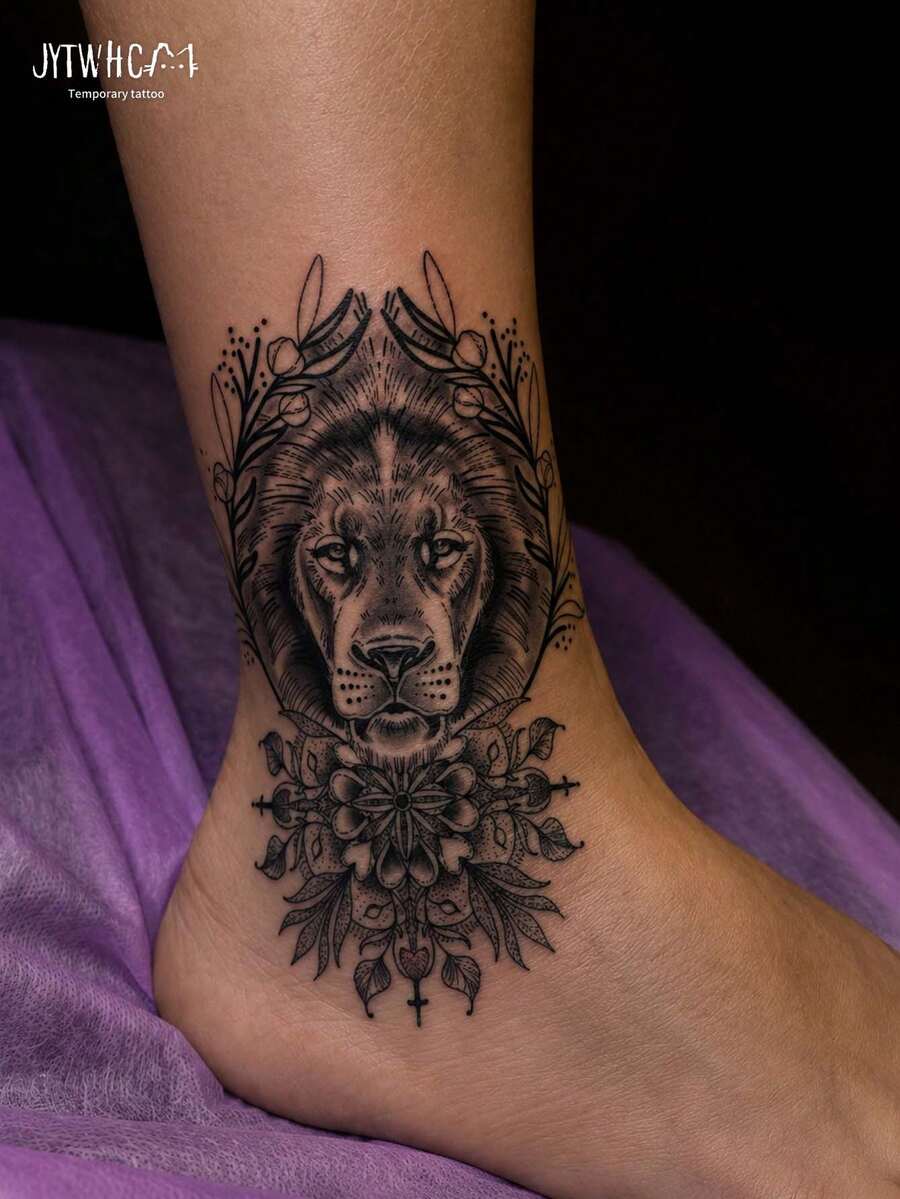 1pc Temporary Tattoo Sticker Water Transfer Technology Neutral Fake Tattoo Lion Floral Print Realistic Tattoo Sticker, Suitable For Men And Women - Black - View 1