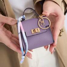 Mini Handbag Shape Leather Keychain Pouch With Silk Scarf, Twist Lock Zipper Earphone Coin Storage Cute Bag Charm For Girls - Multicolor - View 12