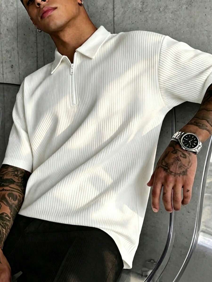 男士奢華壓褶POLO衫 - 高街羅紋紋理短袖T恤,時尚四分之一拉鍊都市休閒上衣 - 白色 - 查看 1