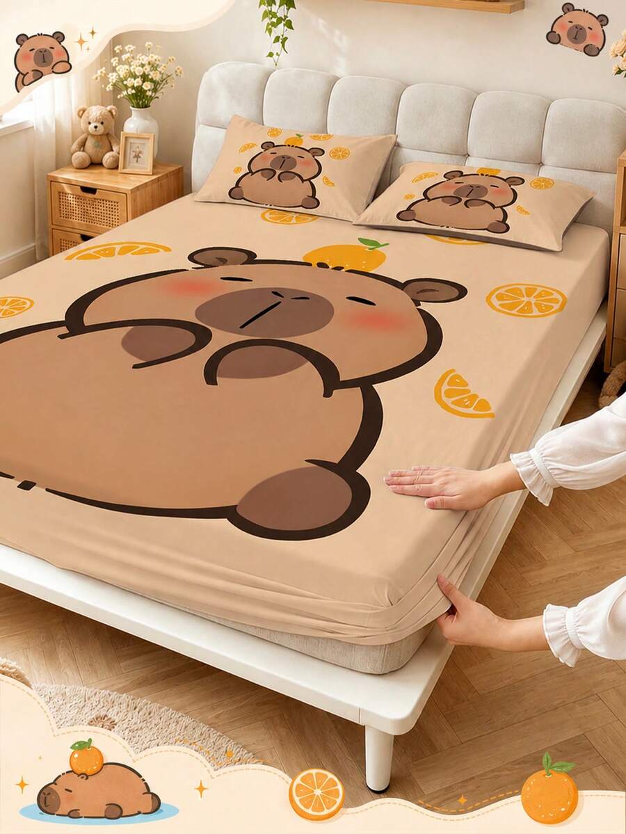 2/3pcs Cute Capybara Pattern Fitted Sheet Fitted Sheet Mattress Protector, Soft Comfortable Breathable, Suitable For All Seasons, Fits All Bed Sizes (Twin/Full/King/Queen), Deep Pocket Design, Suitable For Bedroom, Dorm, Hotel, Machine Washable - Multicolor - View 1