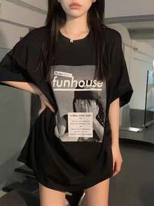 女款圓領短袖T恤，夏季新款肖像圖案與字母印花，時尚休閒百搭寬鬆上衣，黑色 - 黑色 - 查看 8