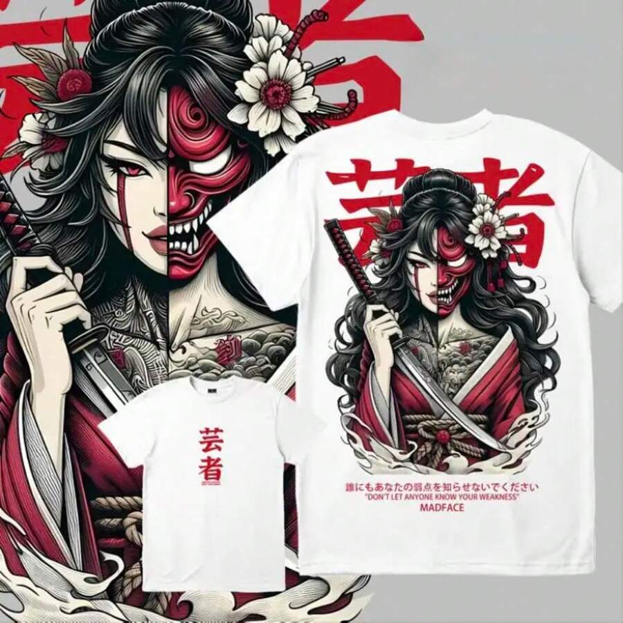 Camiseta Negra Unisex 100% Algodón Sin Lavado, A320 Diseño de Geisha con Máscara Hannya, Estilo Anime y Samurai, Moda Streetwear Aesthetic, Ropa Casual para Hombre y Mujer, Perfecta para Uso - Rosa Pálido - Ver 1