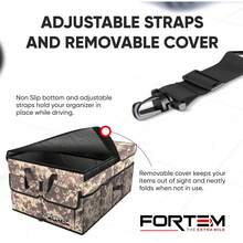 FORTEM Car And SUV Trunk Organizer - Car Storage Organizer - Large Foldable Box With 2 Compartments - Non-Slip Base - Adjustable Straps - Removable Lid (Black) - Desert Camouflage - View 5