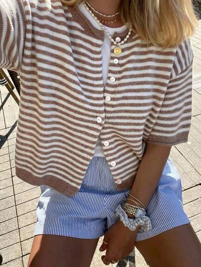 Vivid Style Summer/Autumn Basic Brown Striped Button-Up Cardigan, Old Money Style Short Five-Sleeve Knit Top, Back To School Outfit Inspiration Fall