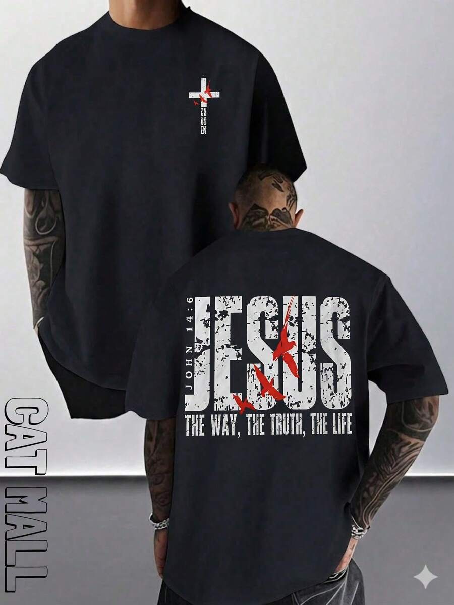 2026 New Men's Short Sleeve Graphic T-Shirt, Jesus Cross Design, Faith, Daily Wear, 100% Cotton, Unisex, Gift Idea For Him Or Her, Religious Clothing, Spiritual Clothing, Design Of - 灰色 - 查看 1