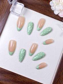 10pcs Handmade Almond Shaped Press-On Nails, Nude Base With Mint Green And White Polka Dot French Tips, Fresh Minimalist Reusable Fake Nail Stickers, Suitable For Spring And Summer Daily Wear - Lime Green - View 5