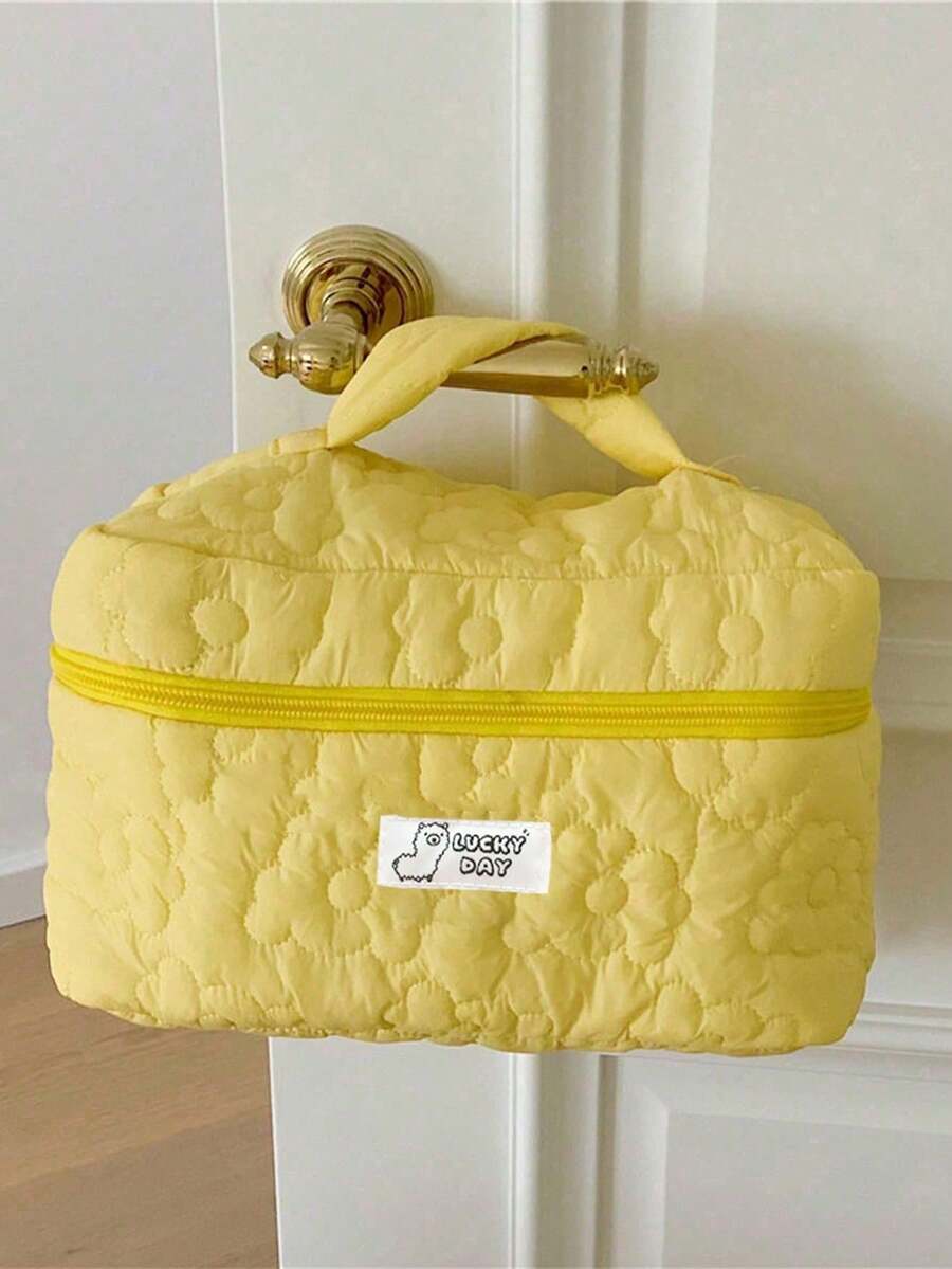 1pc Yellow Floral Large Capacity Makeup Bag, Quilted Design, Portable Cosmetic Storage Bag, Brush Organizer, Miscellaneous Storage Bag, Travel Toiletry Bag, Beach Makeup Bag, Vacation, Back To School - Yellow - View 1