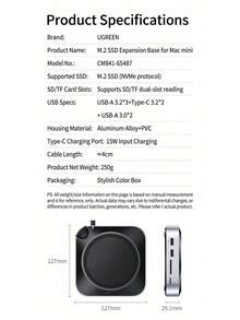 UGREEN [Desktop Savior] Mac Mini Dedicated M.2 SSD Expansion Dock, Perfectly Compatible With M4/M4 Pro Upgrade And Expansion + Height Increase Stand In One, USB 3.2 High-Speed Read And Write. - View 10