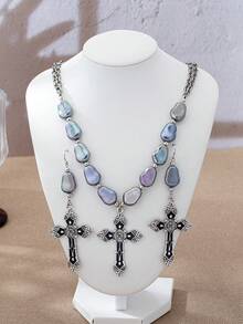 3pcs Vintage Distressed Silver-Tone Baroque Faux Pearl Jewelry Set, Iridescent Asymmetrical Baroque Faux Pearl Necklace With Carved Black Enamel Cross Pendant, Gothic Cross Drop Earrings, Western Religious Style Women's Party Accessories - Multicolor - View 3
