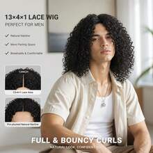 13*4*1 T-förmige Spitzenperücke, schwarze kurze feine Woll-Lockenperücke, flauschige und modische Pony, hochdichte hitzebeständige Faser synthetische Perücke, elastische Mesh-Kappe, geeignet für den täglichen Gebrauch, Partys, Musikfestivals, Karnevals und andere Anlässe - Schwarz - Übersicht 4
