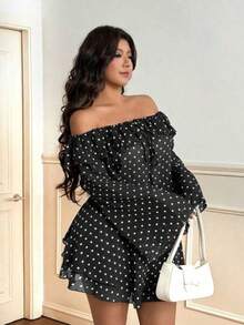 Vionelle Vestido de lunares con hombros descubiertos y lazo, talla grande y sexy - Negro - Ver 1