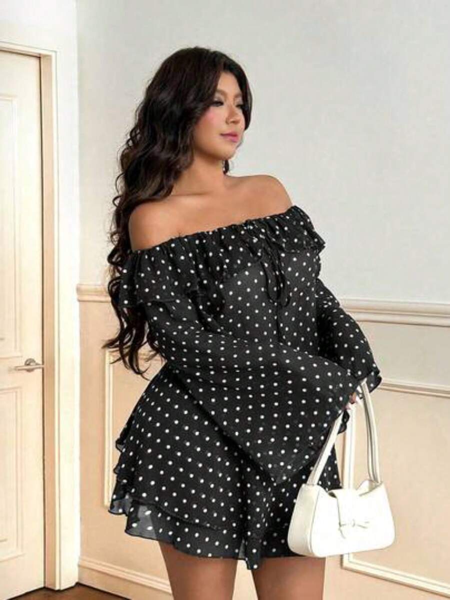 Vionelle Vestido de lunares con hombros descubiertos y lazo, talla grande y sexy - Negro - Ver 1