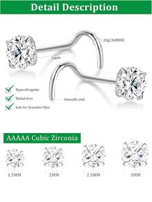 8pcs Gold/Silver S-Shaped Nose Ring Set, Multi-Size Clear CZ Nose Piercing Jewelry, Minimalist Daily Wear, Unisex - 8 Pcs Nose Stud - View 3