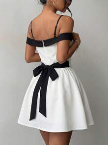 Soulscape Elegant Fashion White Off-Shoulder Mini Dress With Bow Detail On Back And Waist Party - Black and White - View 1