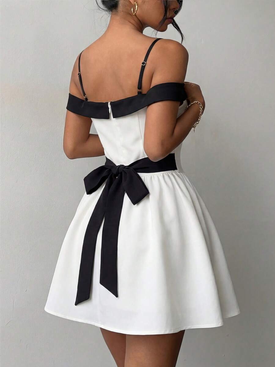 Soulscape Elegant Fashion White Off-Shoulder Mini Dress With Bow Detail On Back And Waist Party - Black and White - View 1