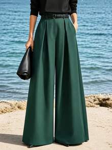 Fashionable High-End Loose Pleated Wide-Leg Pants, Autumn Professional Office Wear, Halloween Christmas Luxury - Dark Green - View 4