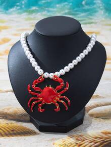 1pc Summer Ocean Style Red/Orange Oil Drop Crab/Asymmetrical White Pendant Faux Pearl Necklace, Cute Unique Vacation Accessory For Kids Beach Travel And Photo Shoots - Multicolor - View 7