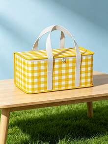 Yellow Plaid Picnic Set - Insulated Cooler Bag With Matching Blanket, Foldable Waterproof Camping Tote Bag, Suitable For Outdoor Travel - A - View 3