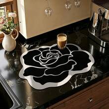 Kitchen Dish Drying Mat, Absorbent Table Mat, Countertop Dish Mat, Wash-Free Table Mat, Bowl And Plate Drying Mat - Black Flowers - View 5