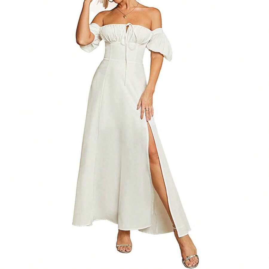 New Style Summer Dress With Puff Sleeves, Strapless, Solid Color, Short Sleeves And Slit At The Hem For Women. - 白色 - 查看 1