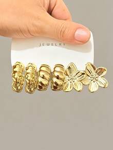 6-24 piezas Pendientes de moda para mujer en color dorado, forma de gota de agua redonda completa, textura metálica brillante, diseño minimalista de alta gama con flor de metal único, estilo vintage suave, aro grueso y liso curvado, estilo versátil europeo y americano adecuado para ir al trabajo y vacaciones - Dorado - Ver 9