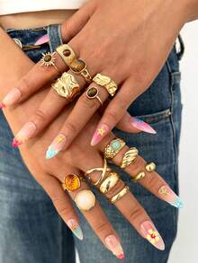 50/36/20/6pcs Women's Bohemian Vintage Fashion Ring Set, Gold-Tone Faux Colorful Gemstone Pearl Asymmetric Polished Tiger Eye Sunflower Wide Geometric Liquid Rings, Exaggerated Old Money Style Stackable Wide Bands, Fashion Elegant Versatile Ring Set (Random Styles) - Yellow Gold - View 6