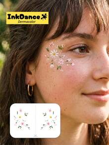 1套「Floral Eyes」臨時紋身貼紙，雛菊臉部貼紙，逼真紋身效果，防水，粉色野花逼真紋身效果，彩色，易貼易撕 CSX061 - 彩色 - 查看 2