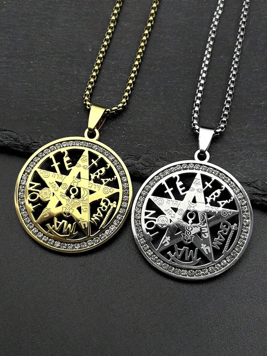 "Tetragrammaton Necklace For Women Men Stainless Steel Rhinestones Star Pentagram Talisman Chain Jewelry Gift " - Necklace - View 1