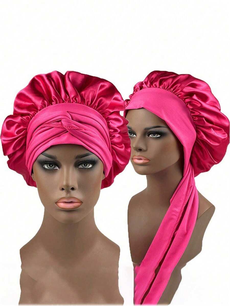2 Pieces Of Wide-Brimmed Sleep Caps, Lace Ribbons, Elastic Round Caps, Beauty And Hair Care Promotional Caps, Solid Color Polyester Fiber, No - A - View 1