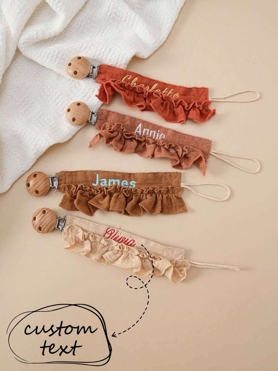 1pc Personalized Custom Embroidered Name Baby Pacifier Chain Wooden Dummy Holder Anti-Drop Nipple Clip Infant Soother Strap Baby Essentials - Multicolor - View 1